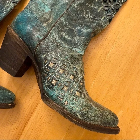 Corral Laser Cutout Western Cowboy Cowgirl Boots Turquoise Heel Rodeo Women’s 9 - Picture 5 of 14